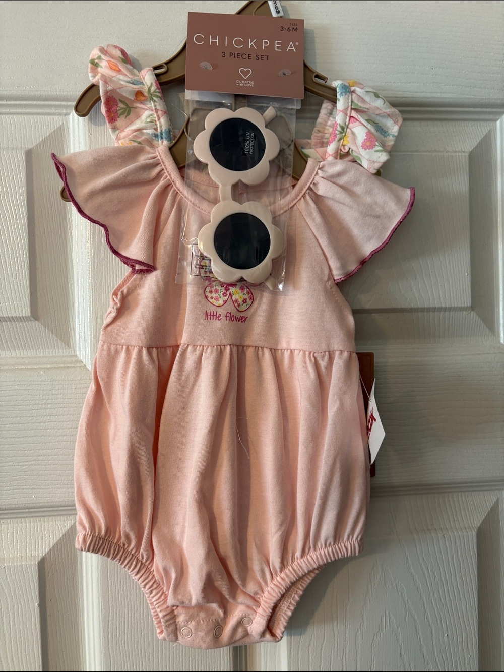 chick pea Pink Floral Strap Baby Girls Romper 3-Piece Set